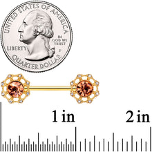 Load image into Gallery viewer, 14G 9/16 Clear Pink CZ Gem Gold Tone Sunburst Nipple Ring Set
