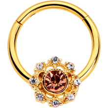 Load image into Gallery viewer, 16G 3/8 Clear Pink CZ Gem Gold Tone Sunburst Hinged Segment Ring
