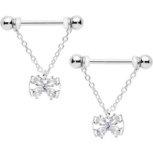 Load image into Gallery viewer, 14G 11/16 Clear CZ Gem Beauty Bow Chain Dangle Nipple Ring Set
