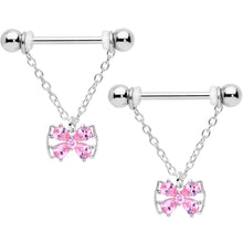 Load image into Gallery viewer, 14G 11/16 Pink CZ Gem Beauty Bow Chain Dangle Nipple Ring Set
