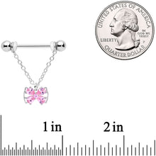 Load image into Gallery viewer, 14G 11/16 Pink CZ Gem Beauty Bow Chain Dangle Nipple Ring Set
