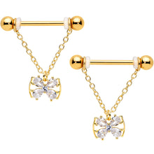 Load image into Gallery viewer, 14G 11/16 Clear CZ Gem Gold Hue Beauty Bow Chain Nipple Ring Set
