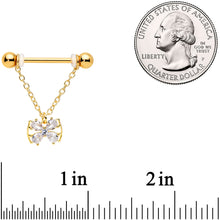 Load image into Gallery viewer, 14G 11/16 Clear CZ Gem Gold Hue Beauty Bow Chain Nipple Ring Set
