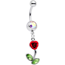 Load image into Gallery viewer, Green Aurora Gem Red Rose Valentines Day Dangle Belly Ring

