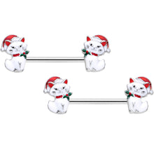 Load image into Gallery viewer, 14G 9/16 White Cat Santa Hat Christmas Barbell Nipple Ring Set
