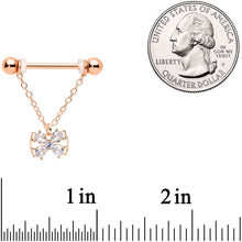 Load image into Gallery viewer, 14G 11/16 Clear CZ Gem Rose Gold Hue Bow Chain Nipple Ring Set
