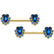 Load image into Gallery viewer, 14G 9/16 Blue Gem Gold Tone Opulent Oval Barbell Nipple Ring Set
