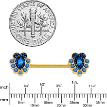 Load image into Gallery viewer, 14G 9/16 Blue Gem Gold Tone Opulent Oval Barbell Nipple Ring Set
