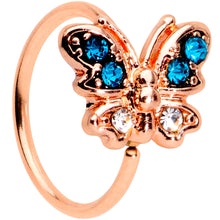 Load image into Gallery viewer, 20G 5/16 Clear Blue Gem Rose Gold Tone Glam Butterfly Nose Hoop
