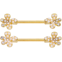 Load image into Gallery viewer, 14G 9/16 Clear Gem Gold Tone Style Splat Barbell Nipple Ring Set
