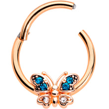 Load image into Gallery viewer, 16G 3/8 Aqua Gem Rose Gold Tone Butterfly Hinged Segment Ring
