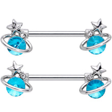 Load image into Gallery viewer, 14G 9/16 Aqua Gem Star Saturn Barbell Nipple Ring Set
