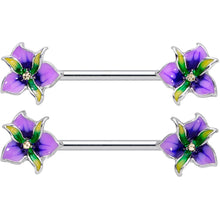 Load image into Gallery viewer, 14G 9/16 Clear Gem Purple Iris Flower Barbell Nipple Ring Set
