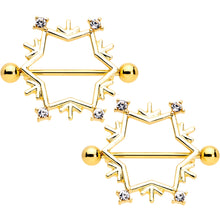 Load image into Gallery viewer, 14G 3/4 Clear Gem Gold Tone Snowflake Christmas Nipple Shield Set
