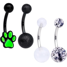 Load image into Gallery viewer, Black Clear Glitter Glow UV Glow Paw Belly Ring Set of 4
