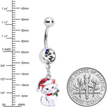 Load image into Gallery viewer, Clear Gem White Cat Santa Hat Christmas Dangle Belly Ring
