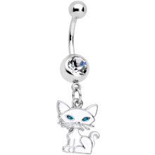 Load image into Gallery viewer, Clear Gem Blue Eyed White Cat Dangle Belly Ring
