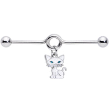 Load image into Gallery viewer, 14G Blue Eyed White Cat Dangle Project Barbell 38mm
