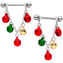 Load image into Gallery viewer, 14G 11/16 Red Green Bell Christmas Chain Dangle Nipple Ring Set
