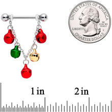 Load image into Gallery viewer, 14G 11/16 Red Green Bell Christmas Chain Dangle Nipple Ring Set
