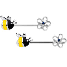Load image into Gallery viewer, 14G 9/16 Blue Gem Big Bee Flower Barbell Nipple Ring Set
