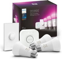 Load image into Gallery viewer, NEW Philips Hue Starter Kit: (3) E26 LED Smart Bulbs (75W) + Smart Button - Adjustable Color and Brightness, Voice Control, Easy Setup
