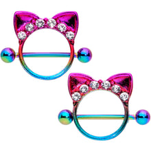 Load image into Gallery viewer, 14G 9/16 Clear Gem Rainbow Kitty Cat Ears Nipple Shield Set
