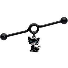 Load image into Gallery viewer, 14G Black Blue Eyed Black Cat Dangle Project Barbell 38mm
