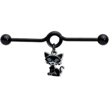 Load image into Gallery viewer, 14G Black Blue Eyed Black Cat Dangle Project Barbell 38mm
