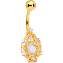 Load image into Gallery viewer, White Synthetic Opal Gold Tone Scrolling Oval Belly Ring
