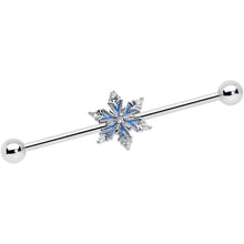 Load image into Gallery viewer, 14G Clear CZ Gem Blue Snowflake Christmas Industrial Barbell 38mm
