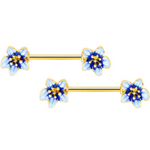 Load image into Gallery viewer, 14G 9/16 Gold Tone White Blue Flower Barbell Nipple Ring Set
