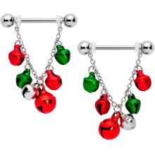 Load image into Gallery viewer, 14G 5/8 Red Green Bell Christmas Chain Dangle Nipple Ring Set
