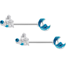 Load image into Gallery viewer, 14G 9/16 Aqua Gem Gazing Mermaids Barbell Nipple Ring Set
