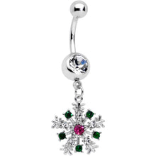 Load image into Gallery viewer, Clear Pink Green Gem Snowflake Holiday Dangle Belly Ring
