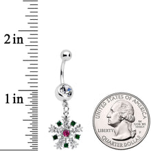 Load image into Gallery viewer, Clear Pink Green Gem Snowflake Holiday Dangle Belly Ring
