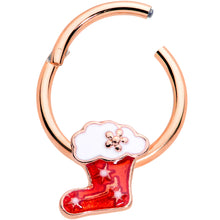 Load image into Gallery viewer, 16G 3/8 Rose Gold Tone Red Christmas Stocking Hinged Segment Ring
