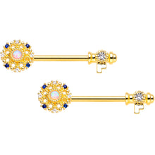 Load image into Gallery viewer, 14G 9/16 White Synthetic Opal Gold Tone Key Nipple Ring Set
