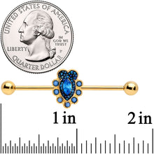 Load image into Gallery viewer, 14G Blue Gem Gold Tone Opulent Oval Industrial Barbell 38mm

