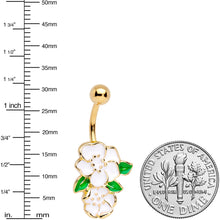 Load image into Gallery viewer, Gold Tone Green Leaf White Spring Flowers Belly Ring
