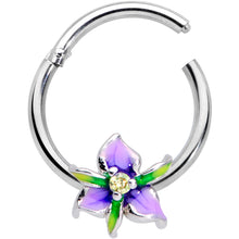 Load image into Gallery viewer, 16G 3/8 Clear Gem Purple Iris Flower Hinged Segment Ring
