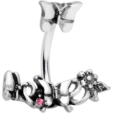 Load image into Gallery viewer, Pink Gem Butterfly Array Flower Double Mount Belly Ring
