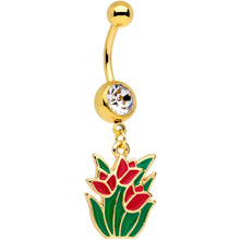 Load image into Gallery viewer, Clear Gem Gold Tone Red Tulip Flowers Dangle Belly Ring
