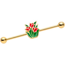 Load image into Gallery viewer, 14G Gold Tone Red Tulip Flowers Industrial Barbell 38mm
