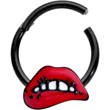Load image into Gallery viewer, 16G 3/8 Black Red Sneering Lips Bite Lips Hinged Segment Ring
