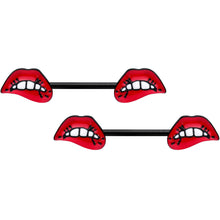 Load image into Gallery viewer, 14G 9/16 Black Red Sneering Bite Lips Barbell Nipple Ring Set
