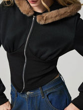 Load image into Gallery viewer, Black Fuzzy Hem Hooded Zip-Up Jacket With Long Sleeves and Casual Style Jacket

