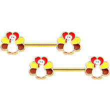 Load image into Gallery viewer, 14G 9/16 Gold Tone Turkey Thanksgiving Barbell Nipple Ring Set
