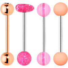 Load image into Gallery viewer, Clear Gem Rose Gold Tone Pink Heart Matte Barbell Tongue Ring Set of 4
