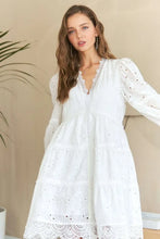 Load image into Gallery viewer, Lace Detail Tiered Eyelet V-Neck Babydoll Dress For Women – Feminine Boho Chic Dress, Fluttering, Elegant Lace &amp; Eyelet

